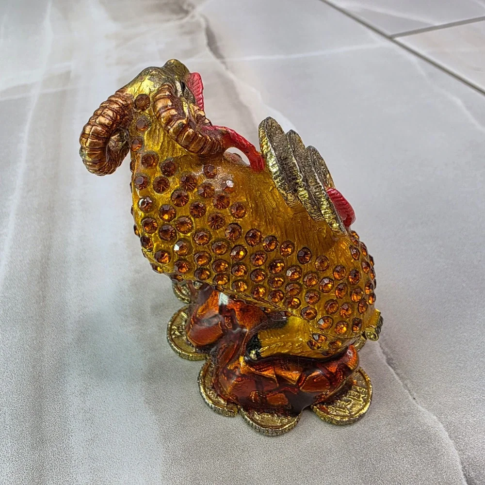 Chinese Zodiac Ram Goat Trinket Box Enamel Crystal Prosperity Figurine 3.25